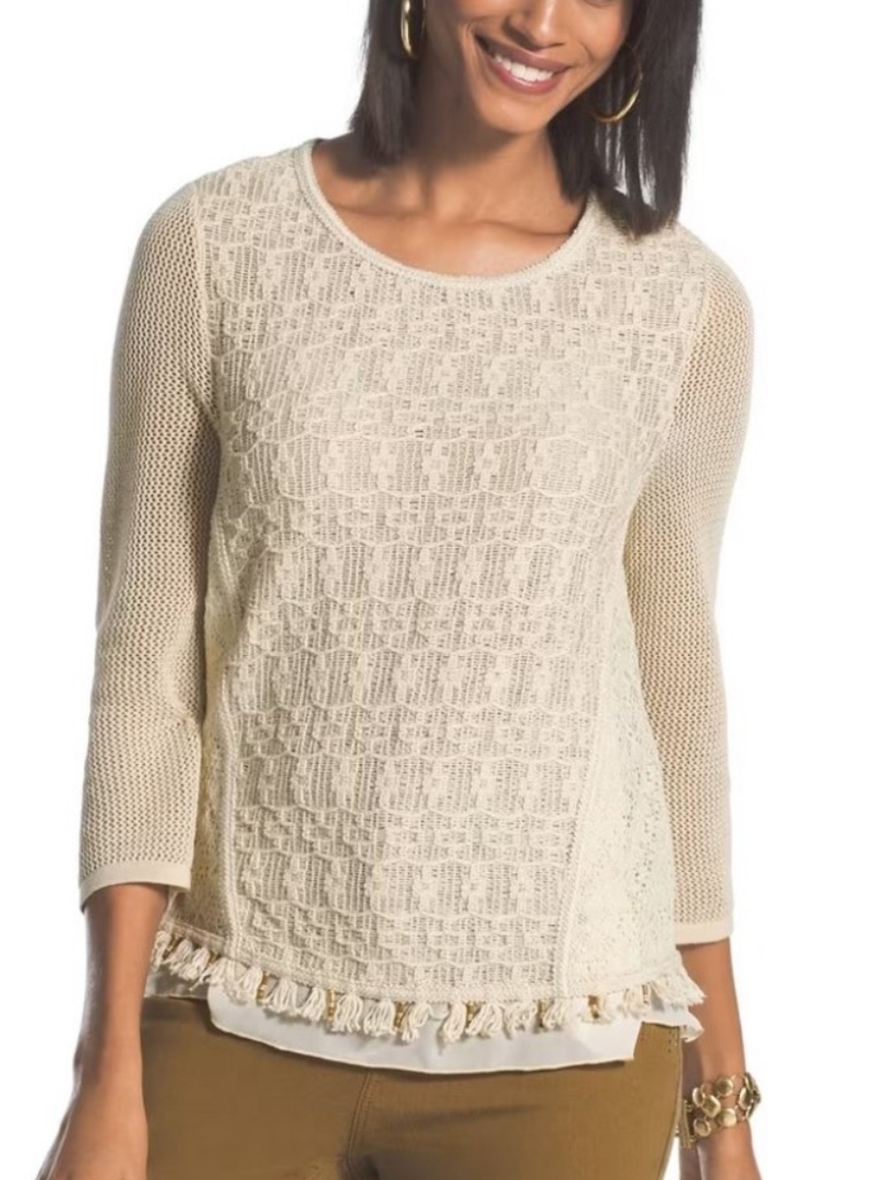 Chico's Cream Textured Knit Sweater with Tassel Hem